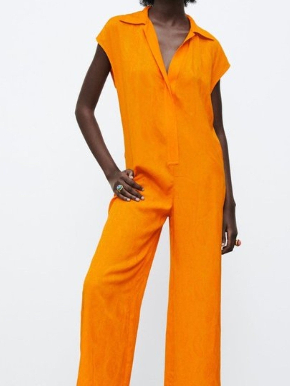 Zara Women's Orange Short-Sleeve Wide-Leg Jumpsuit